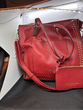Marc New York Red Pebbled Leather Studded Tote with Pouch